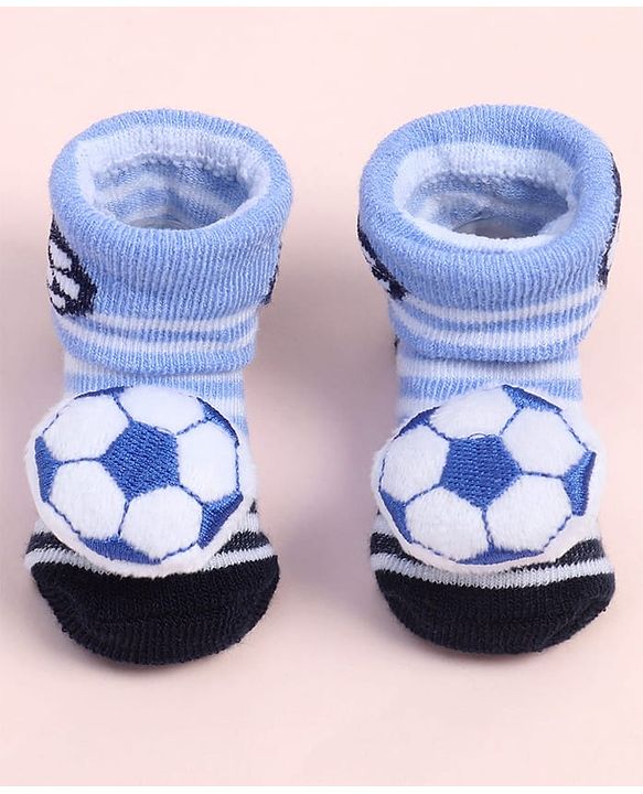 Cute Walk by Babyhug Fabric Ankle Length Socks Shoes with Striped Design & Ball Applique- Blue & Black