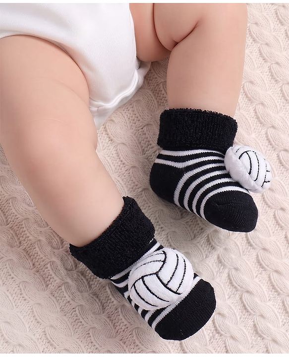 Cute Walk by Babyhug Fabric Ankle Length Socks Shoes with Striped Design & Ball Applique- Black