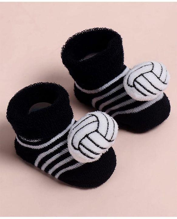 Cute Walk by Babyhug Fabric Ankle Length Socks Shoes with Striped Design & Ball Applique- Black