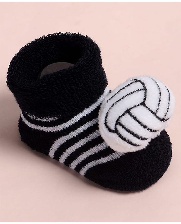 Cute Walk by Babyhug Fabric Ankle Length Socks Shoes with Striped Design & Ball Applique- Black
