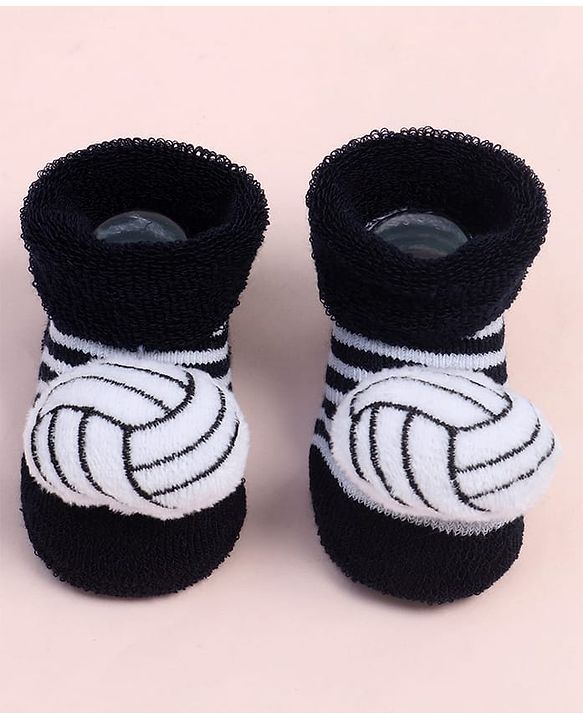 Cute Walk by Babyhug Fabric Ankle Length Socks Shoes with Striped Design & Ball Applique- Black