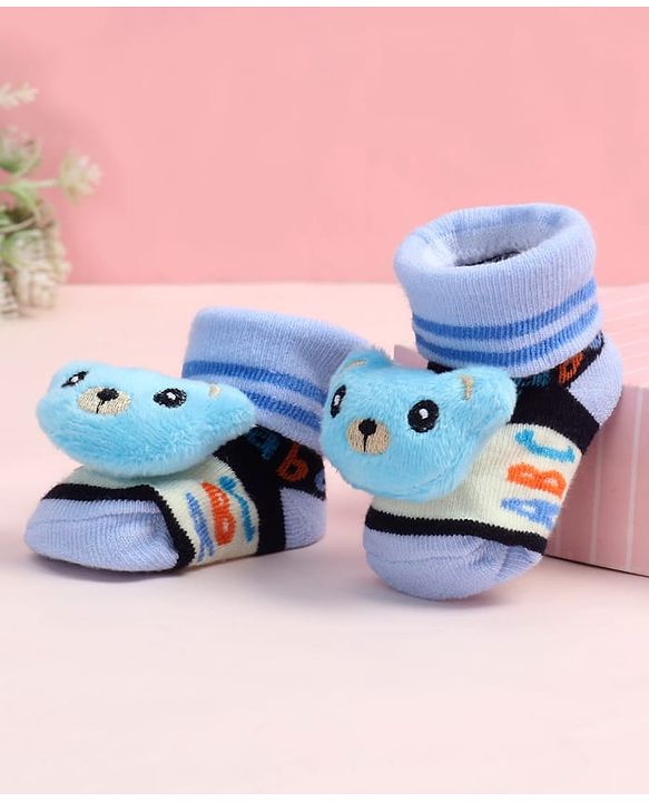 Cute Walk by Babyhug Fabric Ankle Length Socks Shoes with Alphabet Design & Bear Applique- Blue & Black