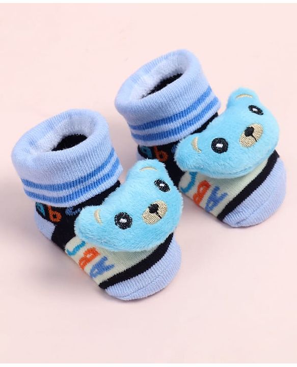 Cute Walk by Babyhug Fabric Ankle Length Socks Shoes with Alphabet Design & Bear Applique- Blue & Black