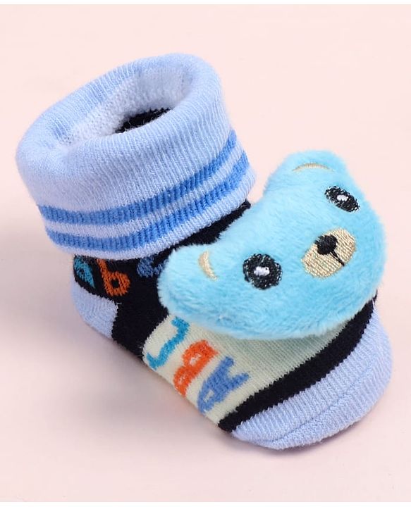 Cute Walk by Babyhug Fabric Ankle Length Socks Shoes with Alphabet Design & Bear Applique- Blue & Black