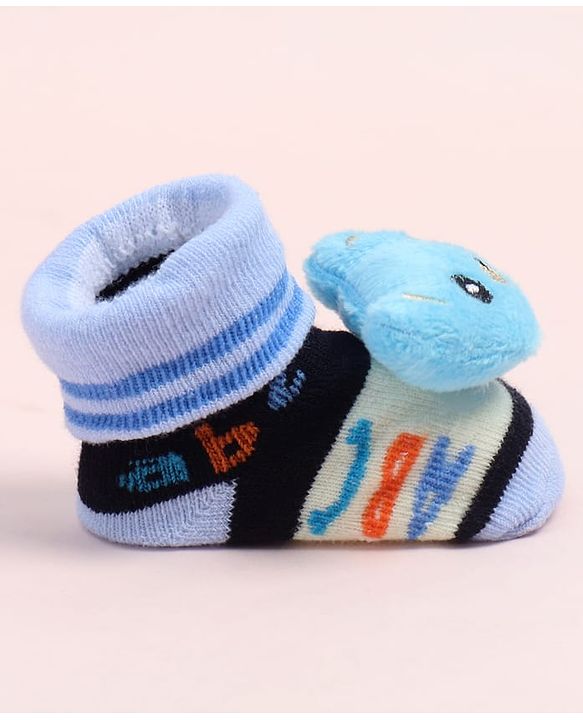 Cute Walk by Babyhug Fabric Ankle Length Socks Shoes with Alphabet Design & Bear Applique- Blue & Black