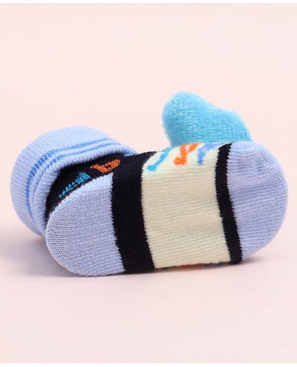 Cute Walk by Babyhug Fabric Ankle Length Socks Shoes with Alphabet Design & Bear Applique- Blue & Black