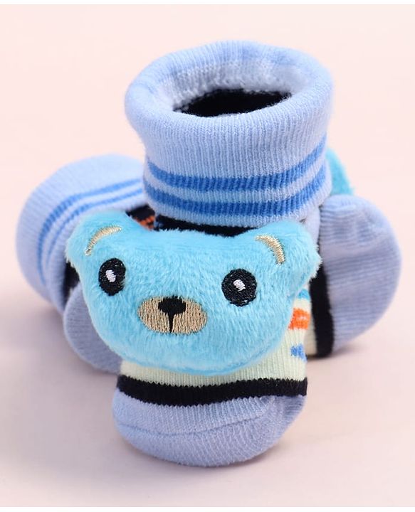 Cute Walk by Babyhug Fabric Ankle Length Socks Shoes with Alphabet Design & Bear Applique- Blue & Black