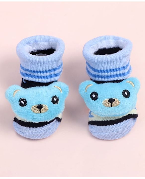 Cute Walk by Babyhug Fabric Ankle Length Socks Shoes with Alphabet Design & Bear Applique- Blue & Black