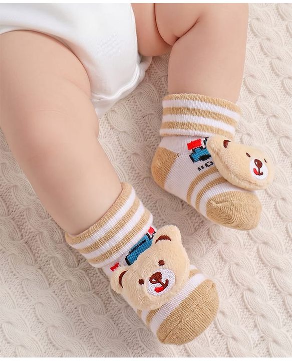 Cute Walk by Babyhug Fabric Ankle Length Socks Shoes with Train Design & Bear Applique- Beige