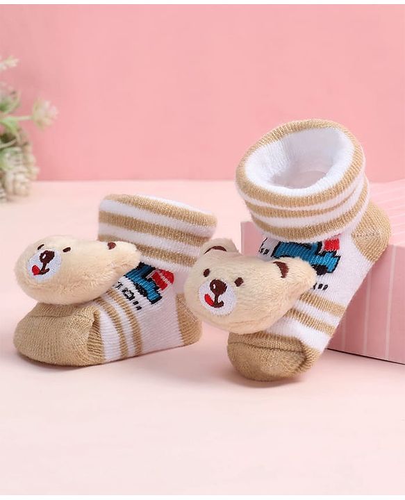 Cute Walk by Babyhug Fabric Ankle Length Socks Shoes with Train Design & Bear Applique- Beige
