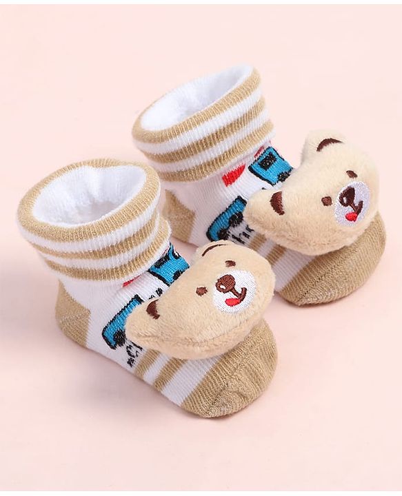 Cute Walk by Babyhug Fabric Ankle Length Socks Shoes with Train Design & Bear Applique- Beige
