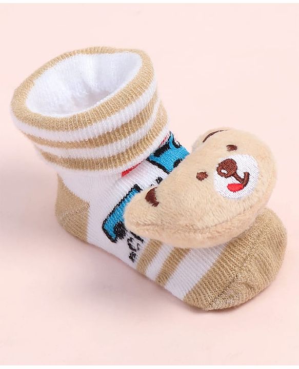 Cute Walk by Babyhug Fabric Ankle Length Socks Shoes with Train Design & Bear Applique- Beige