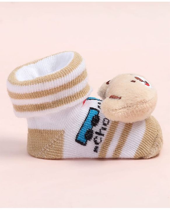 Cute Walk by Babyhug Fabric Ankle Length Socks Shoes with Train Design & Bear Applique- Beige
