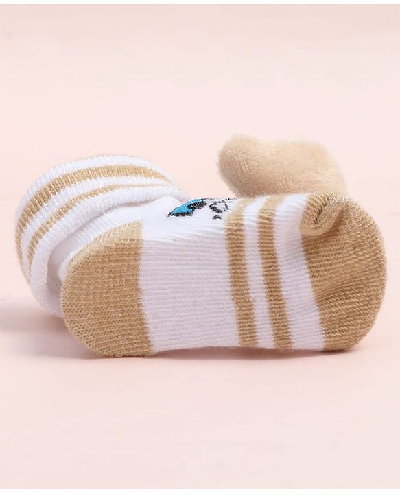 Cute Walk by Babyhug Fabric Ankle Length Socks Shoes with Train Design & Bear Applique- Beige