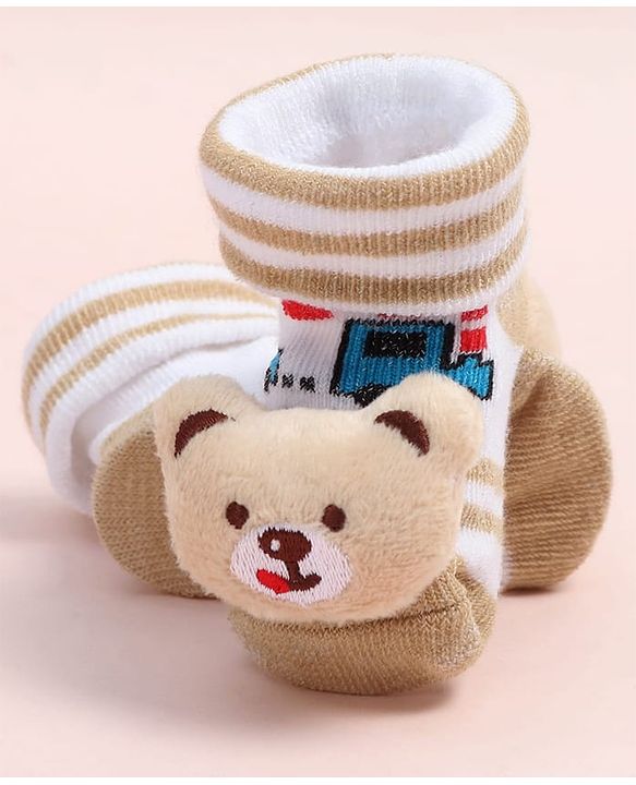 Cute Walk by Babyhug Fabric Ankle Length Socks Shoes with Train Design & Bear Applique- Beige