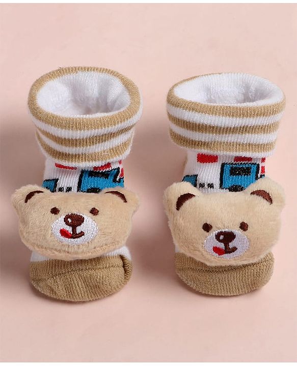 Cute Walk by Babyhug Fabric Ankle Length Socks Shoes with Train Design & Bear Applique- Beige
