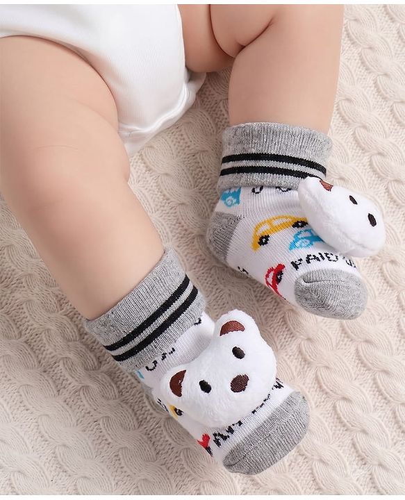 Cute Walk by Babyhug Fabric Ankle Length Socks Shoes with Car Design & Bear Applique- White