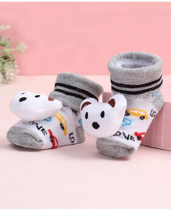 Cute Walk by Babyhug Fabric Ankle Length Socks Shoes with Car Design & Bear Applique- White