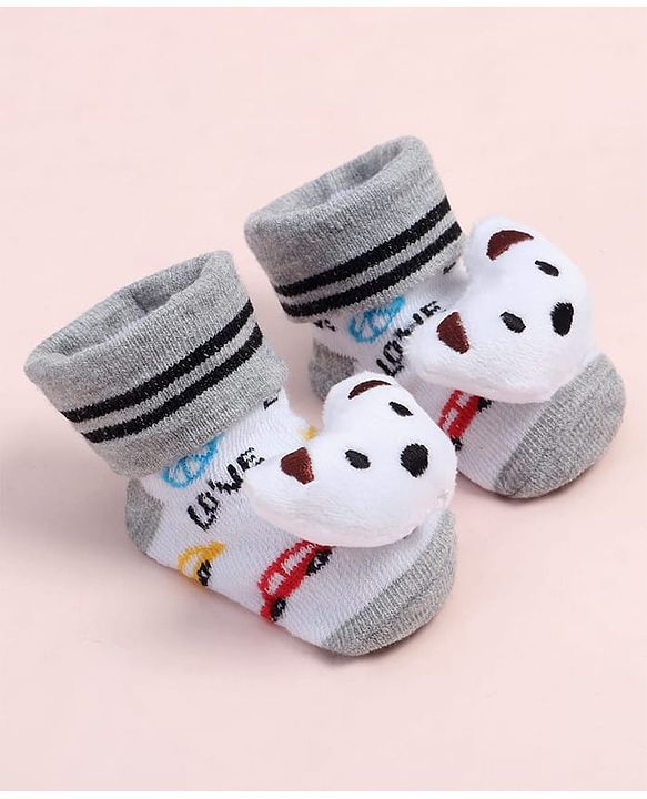 Cute Walk by Babyhug Fabric Ankle Length Socks Shoes with Car Design & Bear Applique- White