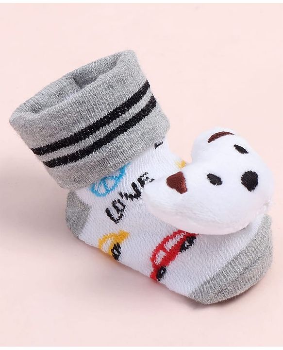 Cute Walk by Babyhug Fabric Ankle Length Socks Shoes with Car Design & Bear Applique- White