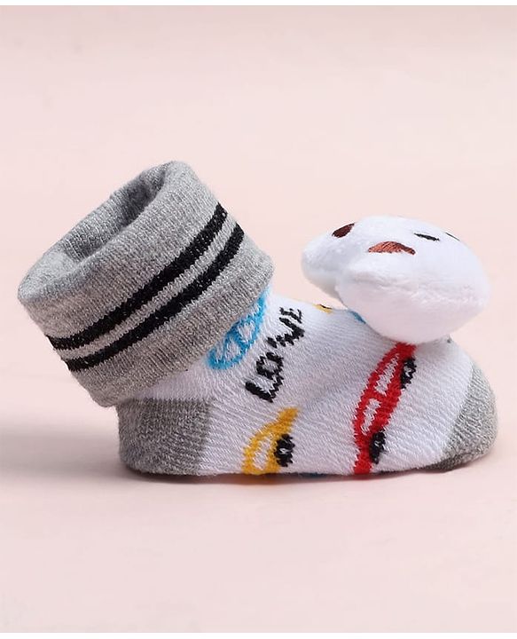 Cute Walk by Babyhug Fabric Ankle Length Socks Shoes with Car Design & Bear Applique- White