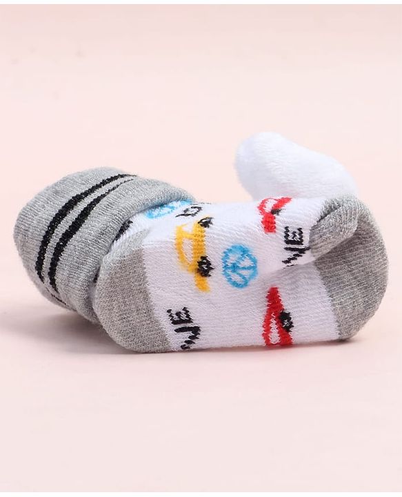 Cute Walk by Babyhug Fabric Ankle Length Socks Shoes with Car Design & Bear Applique- White