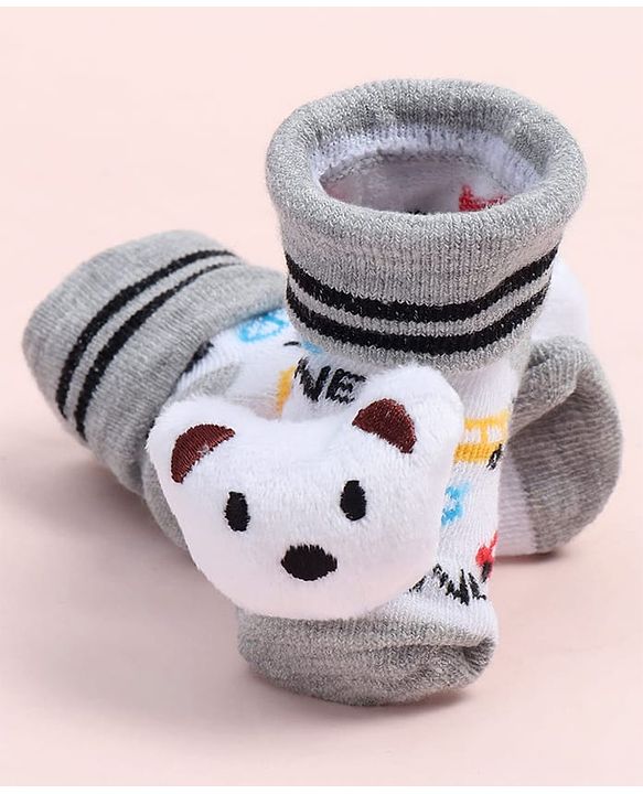 Cute Walk by Babyhug Fabric Ankle Length Socks Shoes with Car Design & Bear Applique- White