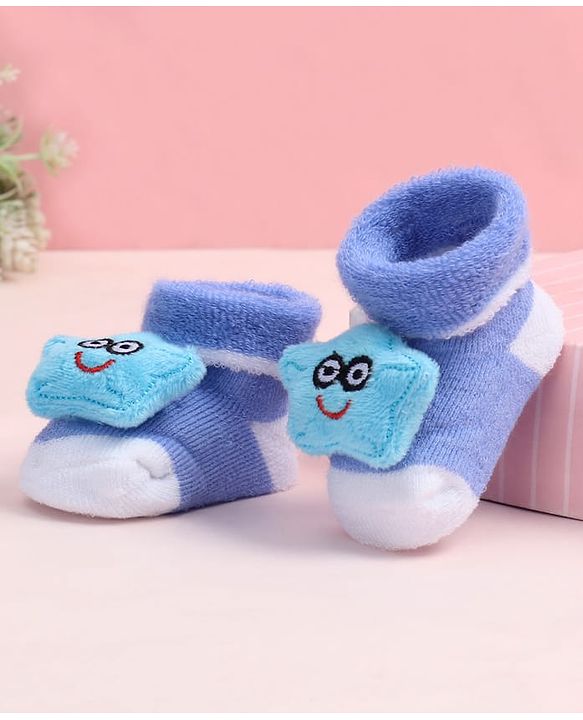 Cute Walk by Babyhug Fabric Ankle Length Socks Shoes with  Star Applique- Blue