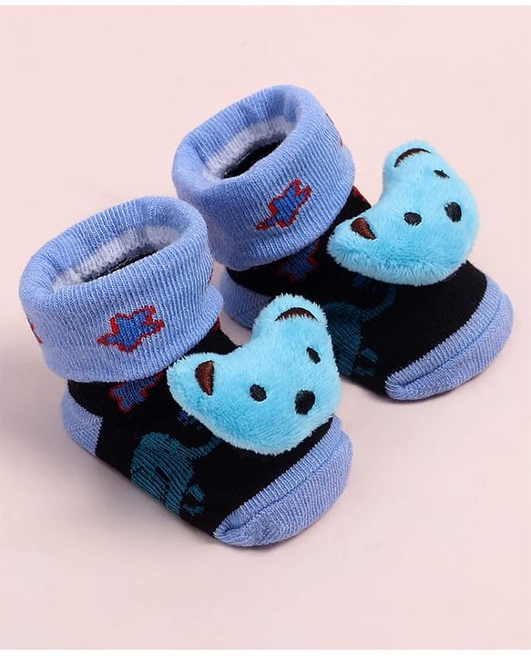Cute Walk by Babyhug Fabric Ankle Length Socks Shoes with Animal Design &  Applique- Blue & Black