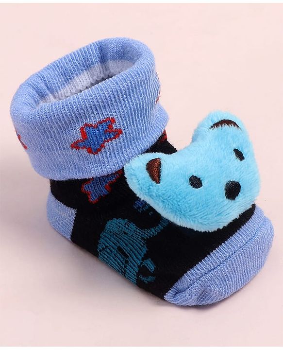 Cute Walk by Babyhug Fabric Ankle Length Socks Shoes with Animal Design &  Applique- Blue & Black
