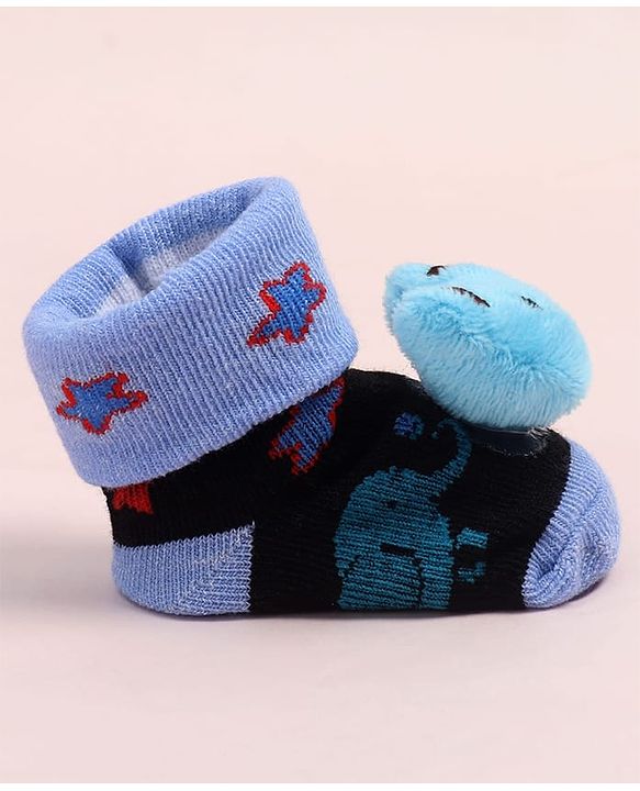 Cute Walk by Babyhug Fabric Ankle Length Socks Shoes with Animal Design &  Applique- Blue & Black