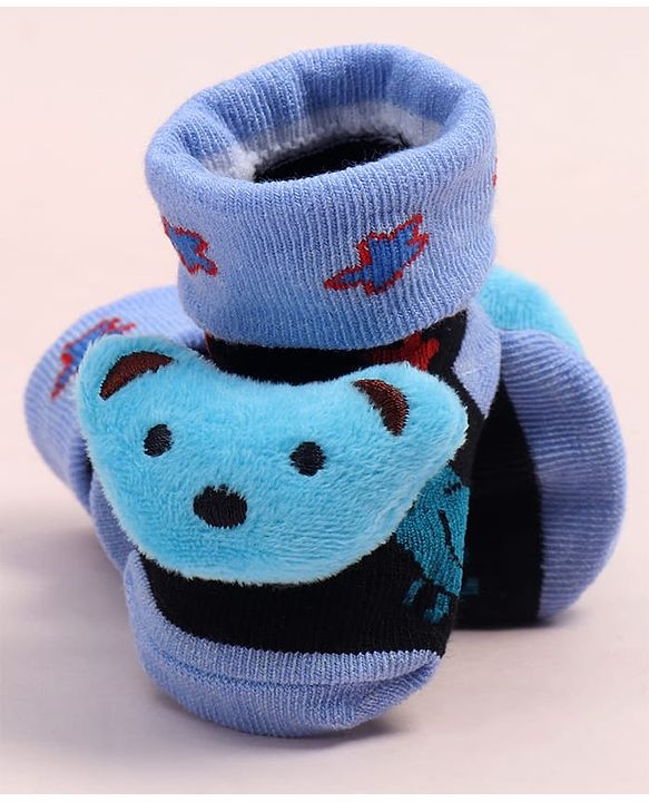 Cute Walk by Babyhug Fabric Ankle Length Socks Shoes with Animal Design &  Applique- Blue & Black