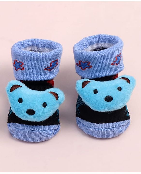 Cute Walk by Babyhug Fabric Ankle Length Socks Shoes with Animal Design &  Applique- Blue & Black