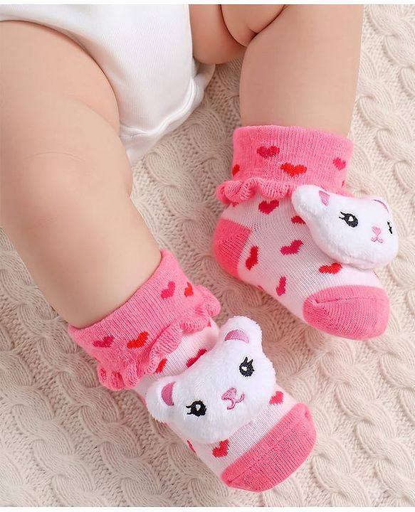 Cute Walk by Babyhug Fabric Ankle Length Socks Shoes with Heart Design & Bear Applique- Pink