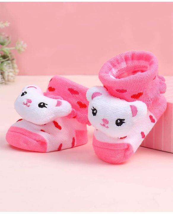 Cute Walk by Babyhug Fabric Ankle Length Socks Shoes with Heart Design & Bear Applique- Pink