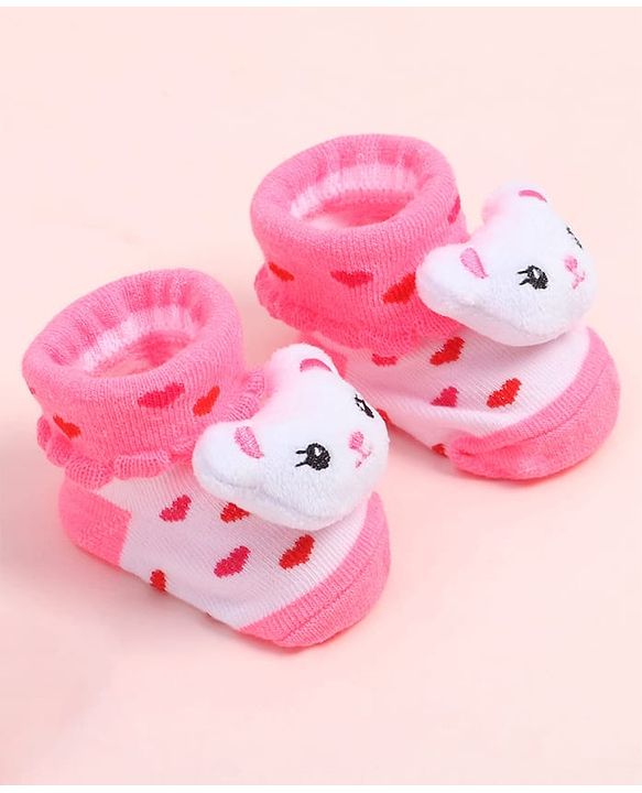 Cute Walk by Babyhug Fabric Ankle Length Socks Shoes with Heart Design & Bear Applique- Pink