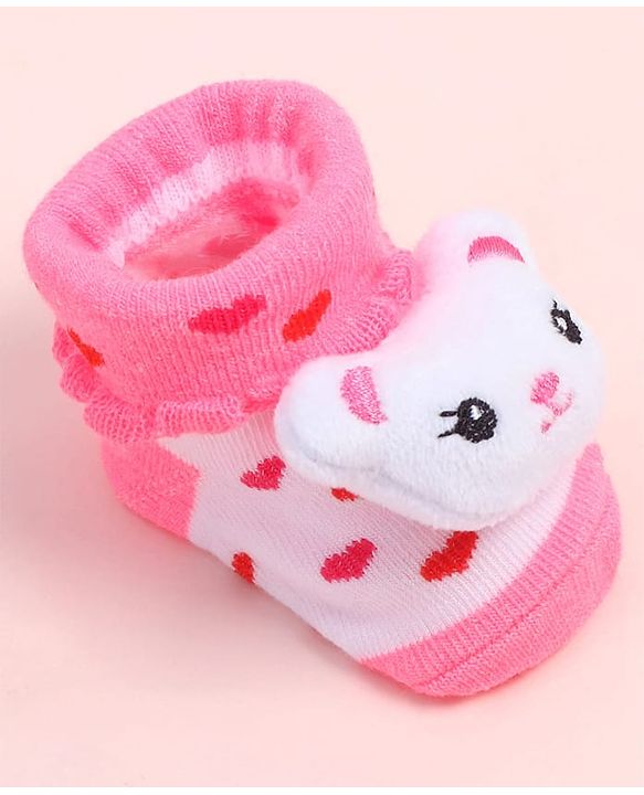 Cute Walk by Babyhug Fabric Ankle Length Socks Shoes with Heart Design & Bear Applique- Pink