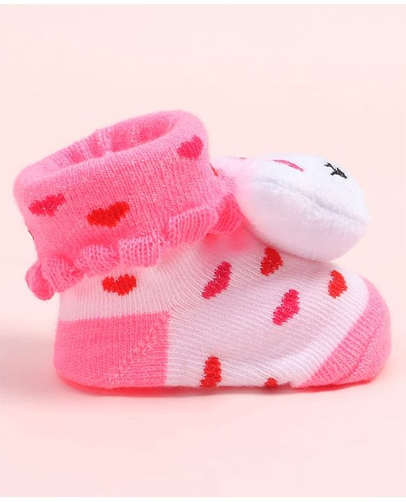 Cute Walk by Babyhug Fabric Ankle Length Socks Shoes with Heart Design & Bear Applique- Pink