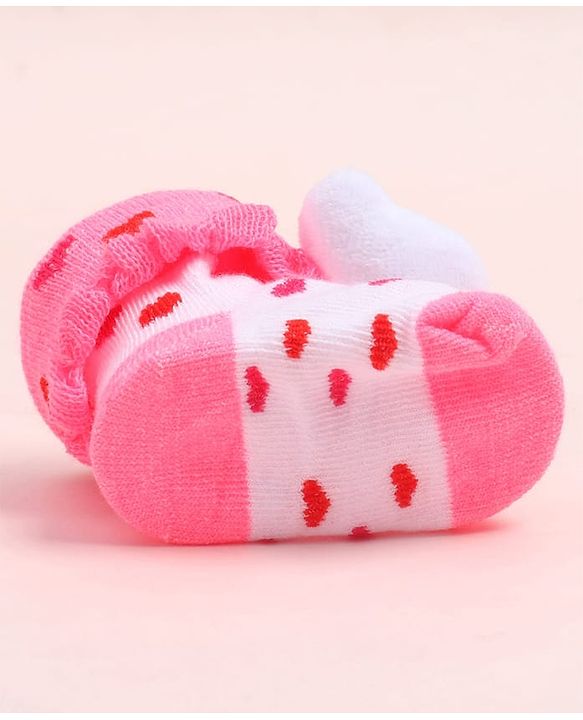 Cute Walk by Babyhug Fabric Ankle Length Socks Shoes with Heart Design & Bear Applique- Pink