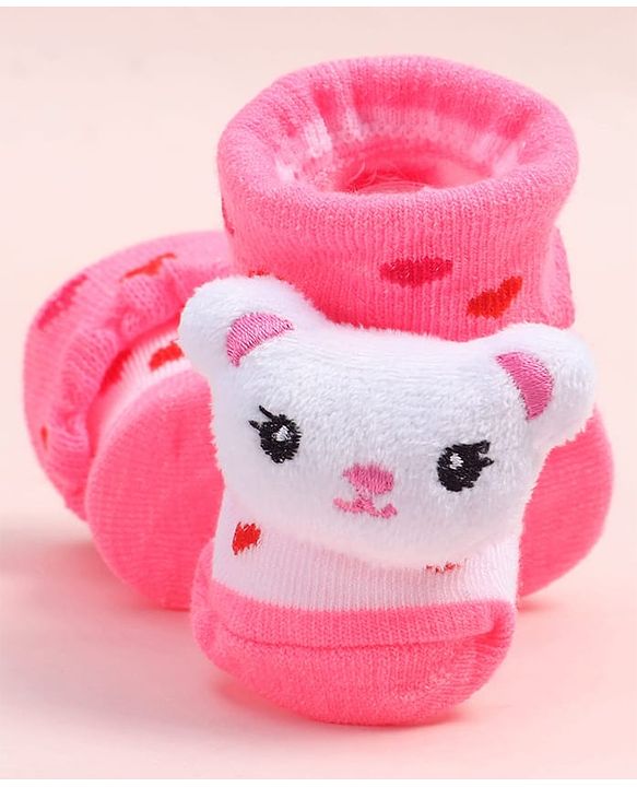 Cute Walk by Babyhug Fabric Ankle Length Socks Shoes with Heart Design & Bear Applique- Pink