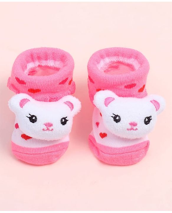 Cute Walk by Babyhug Fabric Ankle Length Socks Shoes with Heart Design & Bear Applique- Pink