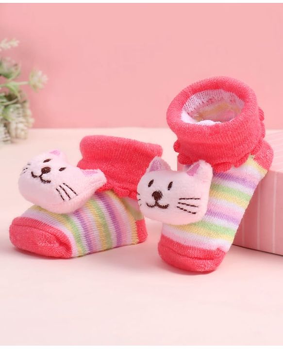 Cute Walk by Babyhug Fabric Ankle Length Socks Shoes with Striped Design & Kitten Applique- Pink