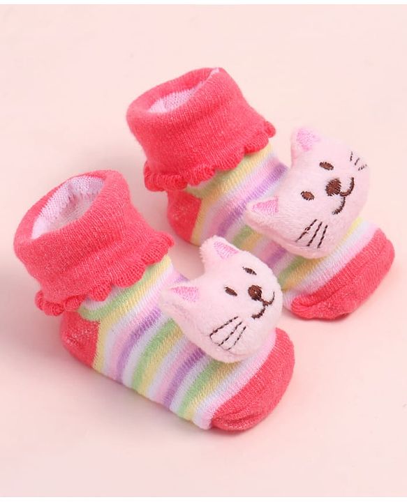 Cute Walk by Babyhug Fabric Ankle Length Socks Shoes with Striped Design & Kitten Applique- Pink