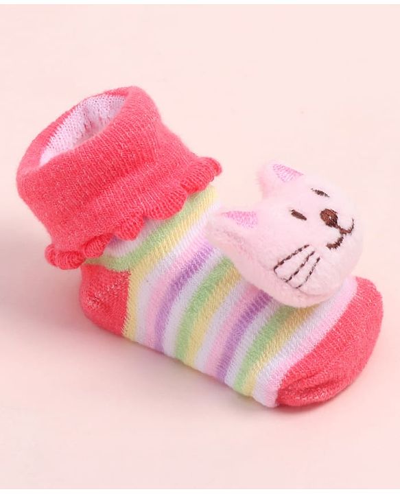 Cute Walk by Babyhug Fabric Ankle Length Socks Shoes with Striped Design & Kitten Applique- Pink