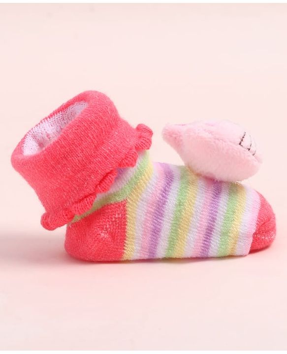 Cute Walk by Babyhug Fabric Ankle Length Socks Shoes with Striped Design & Kitten Applique- Pink