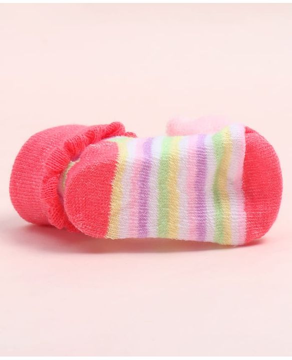 Cute Walk by Babyhug Fabric Ankle Length Socks Shoes with Striped Design & Kitten Applique- Pink