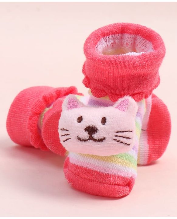 Cute Walk by Babyhug Fabric Ankle Length Socks Shoes with Striped Design & Kitten Applique- Pink
