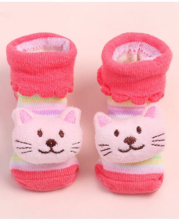 Cute Walk by Babyhug Fabric Ankle Length Socks Shoes with Striped Design & Kitten Applique- Pink