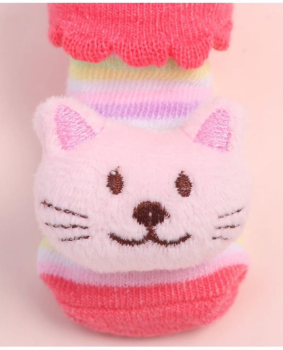 Cute Walk by Babyhug Fabric Ankle Length Socks Shoes with Striped Design & Kitten Applique- Pink