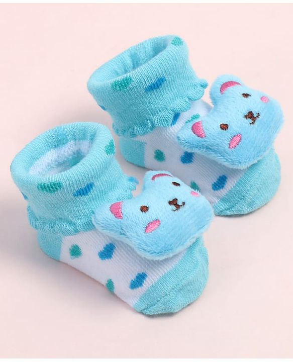 Cute Walk by Babyhug Fabric Ankle Length Socks Shoes with Polka Dots Design & Bear Applique- Light Blue